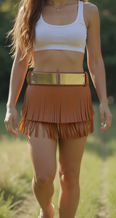 Beige Faux Leather Wrap Around Skirt Tie Fringes Belt Gold Metal Size S M